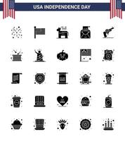 paquete de feliz día de la independencia de 25 signos y símbolos de glifos sólidos para invitación de pistola saludo de burro correo electrónico elementos de diseño de vector de día de EE. UU. editables