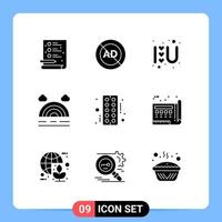 Pack of 9 creative Solid Glyphs of strip drug heart weather forecast Editable Vector Design Elements