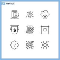 Group of 9 Modern Outlines Set for finance currency iot bank lock Editable Vector Design Elements