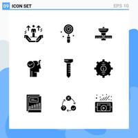 9 Universal Solid Glyphs Set for Web and Mobile Applications power brain search space satelite Editable Vector Design Elements