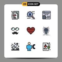 conjunto de 9 iconos modernos de la interfaz de usuario símbolos signos para el amor favorito configuración de gafas de corazón elementos de diseño vectorial editables vector