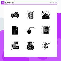 Pack of 9 Modern Solid Glyphs Signs and Symbols for Web Print Media such as fingers report food page document Editable Vector Design Elements