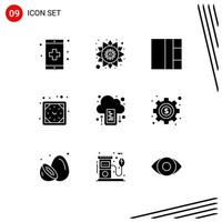 Mobile Interface Solid Glyph Set of 9 Pictograms of upload drive grid cloud wall clock Editable Vector Design Elements