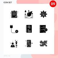 Pictogram Set of 9 Simple Solid Glyphs of movie cinema gear hardware cord Editable Vector Design Elements