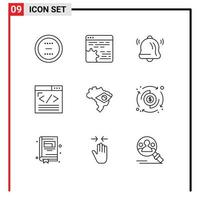 Pack of 9 Modern Outlines Signs and Symbols for Web Print Media such as web development web content setting coding notification Editable Vector Design Elements