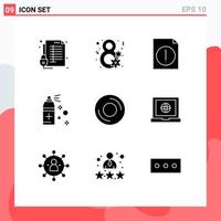 Pack of 9 creative Solid Glyphs of disc computers women day spray bottle Editable Vector Design Elements
