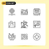 User Interface Pack of 9 Basic Outlines of search travel drawing route pie Editable Vector Design Elements