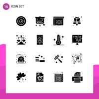 Set of 16 Vector Solid Glyphs on Grid for spa leaves business software coding Editable Vector Design Elements
