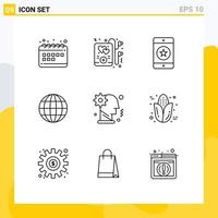 Pack of 9 Modern Outlines Signs and Symbols for Web Print Media such as man brain devices world earth Editable Vector Design Elements