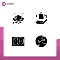 4 User Interface Solid Glyph Pack of modern Signs and Symbols of lotus money ahnd business globe Editable Vector Design Elements