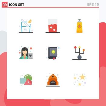 paquete de color plano de 9 símbolos universales de contactos libro playa escritor científico elementos de diseño vectorial editables vector