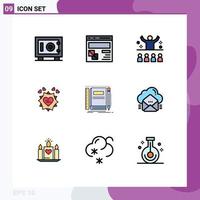 Universal Icon Symbols Group of 9 Modern Filledline Flat Colors of book valentine communication card presentation Editable Vector Design Elements