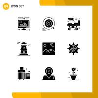 Pack of 9 creative Solid Glyphs of image watchtower goals tower patient bed Editable Vector Design Elements