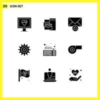 Universal Icon Symbols Group of 9 Modern Solid Glyphs of sport hardware envelope device wheel Editable Vector Design Elements