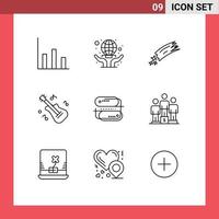 Set of 9 Modern UI Icons Symbols Signs for network blockchain technology astronomy music guitar Editable Vector Design Elements