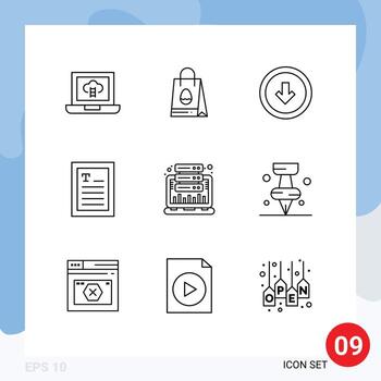 Mobile Interface Outline Set of 9 Pictograms of hosting analysis button reader ebook Editable Vector Design Elements