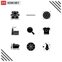 conjunto de pictogramas de 9 glifos sólidos simples de dote magnifier donut industrey factory elementos de diseño vectorial editables vector