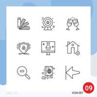 Universal Icon Symbols Group of 9 Modern Outlines of shield protection drink firewall couple Editable Vector Design Elements