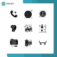 Mobile Interface Solid Glyph Set of 9 Pictograms of speed faster search brain user Editable Vector Design Elements