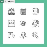 Universal Icon Symbols Group of 9 Modern Outlines of lock sound code multimedia cinema Editable Vector Design Elements