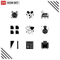 Group of 9 Solid Glyphs Signs and Symbols for game heart medicine multiple documents Editable Vector Design Elements