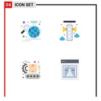 Mobile Interface Flat Icon Set of 4 Pictograms of analysis conveyor globe bullhorn manufacturing Editable Vector Design Elements