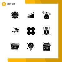 Mobile Interface Solid Glyph Set of 9 Pictograms of airport airplane graph fly love Editable Vector Design Elements