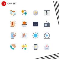 paquete de 16 signos y símbolos modernos de colores planos para medios de impresión web, como la construcción de investigaciones de viajes con cuchillas de documentos, paquete editable de elementos de diseño de vectores creativos