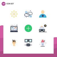 Mobile Interface Flat Color Set of 9 Pictograms of media player add favorite html laptop Editable Vector Design Elements