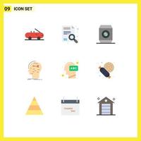 Mobile Interface Flat Color Set of 9 Pictograms of knowledge head soft education key Editable Vector Design Elements