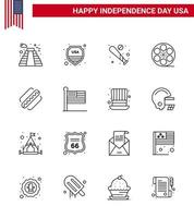 feliz día de la independencia paquete de iconos de 16 líneas para web e impresión america video ball play usa elementos de diseño vectorial editables del día de usa vector