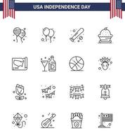 Set of 16 Modern Lines pack on USA Independence Day thanksgiving muffin ball dessert usa Editable USA Day Vector Design Elements