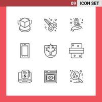 Modern Set of 9 Outlines Pictograph of shield leaf eight security phone Editable Vector Design Elements