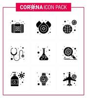 9 Solid Glyph Black viral Virus corona icon pack such as science flask coronavirus stethoscope hospital viral coronavirus 2019nov disease Vector Design Elements