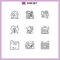 Mobile Interface Outline Set of 9 Pictograms of communication computing palace cloud hours Editable Vector Design Elements