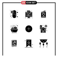 Set of 9 Commercial Solid Glyphs pack for add stew card soup bowl Editable Vector Design Elements