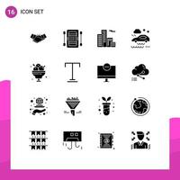 Modern Set of 16 Solid Glyphs Pictograph of wet road car boat bad weather condition building Editable Vector Design Elements