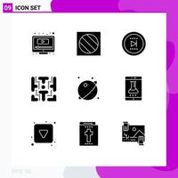 Mobile Interface Solid Glyph Set of 9 Pictograms of orbit play movie game maze Editable Vector Design Elements