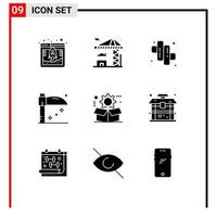 Pictogram Set of 9 Simple Solid Glyphs of setting cog camping box holiday Editable Vector Design Elements