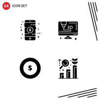 Pack of 4 Modern Solid Glyphs Signs and Symbols for Web Print Media such as mobile research shop coin graph Editable Vector Design Elements