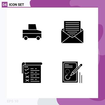 Pack of 4 creative Solid Glyphs of car testing communication envelope qa Editable Vector Design Elements