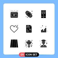 9 Thematic Vector Solid Glyphs and Editable Symbols of job file battery love heart Editable Vector Design Elements