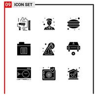 Pack of 9 Modern Solid Glyphs Signs and Symbols for Web Print Media such as security folder worker files food Editable Vector Design Elements