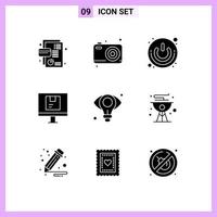 Group of 9 Modern Solid Glyphs Set for online delivery camera computer shutdown Editable Vector Design Elements