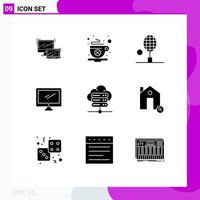 Pack of 9 Modern Solid Glyphs Signs and Symbols for Web Print Media such as imac monitor day computer tennis Editable Vector Design Elements