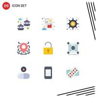 Universal Icon Symbols Group of 9 Modern Flat Colors of unlocked security black hole secure location Editable Vector Design Elements