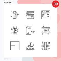 9 Thematic Vector Outlines and Editable Symbols of develop money bag coding investment budget Editable Vector Design Elements