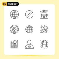 Editable Vector Line Pack of 9 Simple Outlines of global security beauty badge relaxation Editable Vector Design Elements