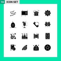 Set of 16 Vector Solid Glyphs on Grid for food setting creative gear environment Editable Vector Design Elements