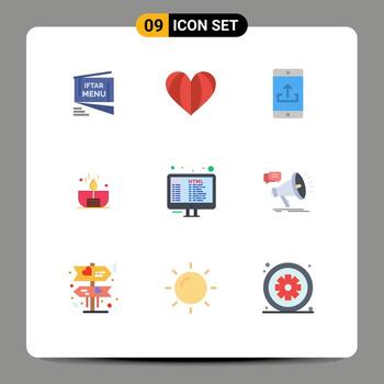 Stock Vector Icon Pack of 9 Line Signs and Symbols for light candle favorite upload mobile application Editable Vector Design Elements
